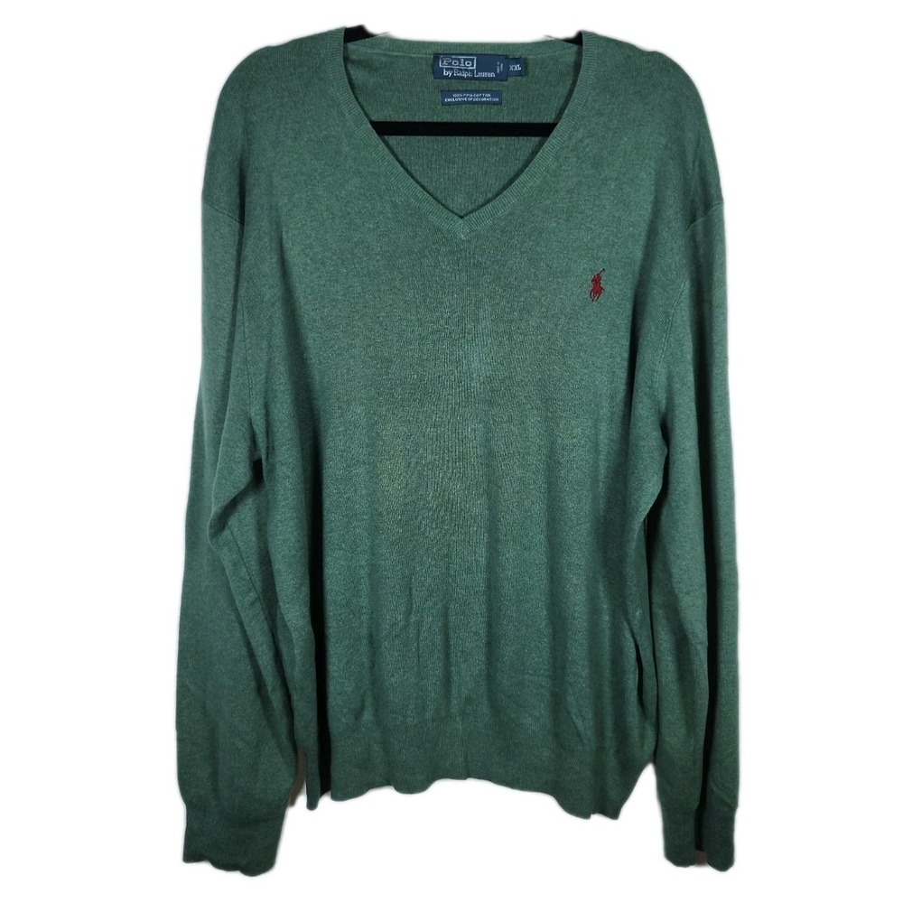 Polo Ralph Lauren Mens XXL Green V-Neck Pima Cotton Knit Sweater Red Pony Logo